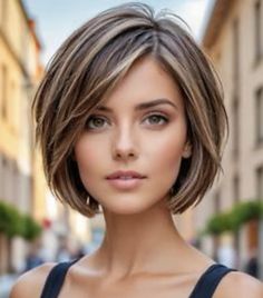 Short Bob With Stacked Back, Dark Brown Hair With Blonde Highlights Chin Length, Flipped Up Hairstyles, Short Angled Bob With Bangs, Short Bob With Fringe Fine Hair, Bob For 50 Year Old, Bob Short Haircut, Chin Length Hair With Layers 2023, Short Wispy Haircuts