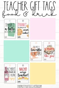 teacher gift tags with the words teachers and sayings in different colors, including pink, blue