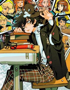 an anime character sitting at a desk in front of a bunch of books and papers