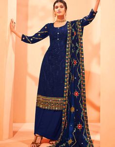 Navy Blue Georgette Palazzo Salwar Suits Navy Blue Kashmiri Sequence Work:Arabic Attire #blackshalwarkameezforladies #trendingsuits #stitchingsalwarkameez #indiansalwarsuitsonline #simplesuits #traditionalsalwarkameez #suitnewfashion #salwarsuitonlineusa #suitsforwomenonline #simpleshalwarkameez #ladieski #salwarkameezonlineshopping #designsuits #designersuitswithprice #designersuitwithprice #differenttypesofsuitsdesign Blue Georgette Palazzo Set For Eid, Blue Georgette Palazzo Set With Mirror Work, Festive Blue Georgette Palazzo Set, Blue Semi-stitched Palazzo Set With Mirror Work, Blue Georgette Palazzo Set With Dupatta, Fitted Blue Palazzo Set With Resham Embroidery, Blue Semi-stitched Traditional Wear For Formal Occasions, Fitted Bollywood Style Blue Palazzo Set, Fitted Blue Embroidered Palazzo Set