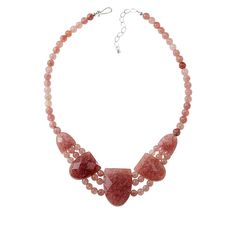 Jay King Sterling Silver Strawberry Quartz Necklace  The natural, translucent quality of the rare Brazilian pink quartz used in this bold, necklace design, makes this handcrafted gemstone piece a beautiful addition to any jewelry collection. From Jay King.       Necklace approx. 18"L x 5/16"W with 2-3/4" extender     Center drop approx. 1-7/16"L x 1-1/16"W     Stamped .925     Hook closure     Strawberry quartz necklace has large, tab-shaped faceted station in center of five-station drape     Sm Pink Stone Necklace With Adjustable Fit, Adjustable Pink Stone Necklace, Elegant Faceted Rose Quartz Necklace, Adjustable Rose Quartz Gemstone Necklace, Elegant Rose Quartz Faceted Necklace, Adjustable Pink Necklace With Stones, Pink Adjustable Necklace With Stones, Elegant Rose Quartz Necklaces With Natural Stones, Round Rose Quartz Gemstone Beads Necklace