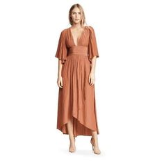 New With Tags Orange V-neck Midi Dress For Evening, Orange Rayon Maxi Dress For Summer, Summer Orange Rayon Maxi Dress, Orange V-neck Midi Dress For Brunch, Brown Rayon Maxi Length Dresses, Brown Rayon Maxi Dress, Rust Fitted Dress, Chic Orange Maxi Dress For Brunch, Orange Flowy Midi-length Dress