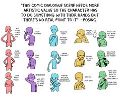 an image of different types of people with their hands on their faces and the words,'this comic dialogie scene needs more artistic value so the character has to do something with their hands but theres no real point to it