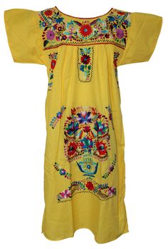 "Women's Traditional Mexican Dress - Yellow - Beautiful embroidery - Handmade - Fiesta attire - Poly/Cotton Blend Measurements: Small: Bust: 32-34\" -- Length: 43\" Medium: Bust: 34-36\" -- Length: 44\" Large: Bust: 40-42\" -- Length: 45\" X-Large: Bust: 44-46\" -- Length: 45\" 2XL: Bust: 48-50\" -- Length: 46\" 3XL: Bust: 54-56\" -- Length: 48\" 4XL: Bust: 57-58\" -- Length: 48\" NOTE: Due to the handmade nature of these dresses, the embroidery may vary from dress to dress since each is individ Mexican Dresses Traditional, Puebla Dress, Whimsical Clothing, Traditional Mexican Dress, Mexican Embroidered Dress, Fiesta Dress, Embroidered Dresses, Long Summer Dresses Maxi, Embroidered Dress Boho