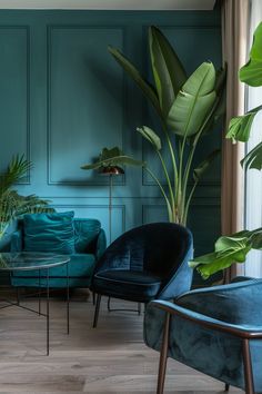 a living room filled with furniture and green plants in the corner on either side of the couch