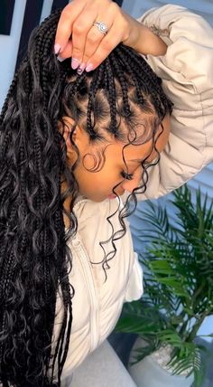 Long Bohemian Knotless BraidsLong Boho knotless braids Box Braids Boho Curls, Boho Braids Box Braids, Half Done Braids Black Women, Goddess Braids With Water Wave Hair, Braided Hairstyles For Black Women With Curls, Knotless Braids With Curly Ends Updo, Bohemian Braid Hairstyles, Bohemian Twists With Curls, Goddess Braids Wedding