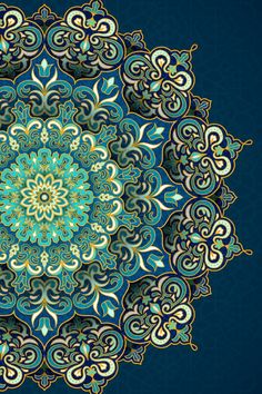 an ornate blue and gold design on a dark background