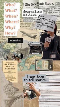 the collage has many different types of words and pictures on it, including newspapers