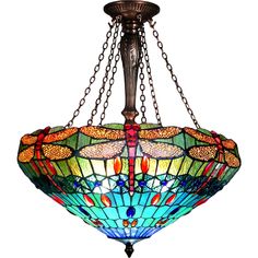 a stained glass chandelier with dragonflys hanging from it's chain