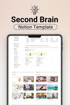 a cell phone with the words second brain on it, next to an image of a laptop