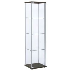 a tall glass display case with two shelves