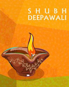 an illustration of a bowl with a lit candle in it and the words shubh deepawli above it