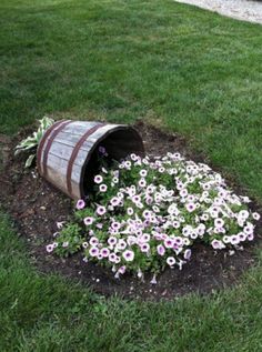 a bucket filled with flowers sitting on top of a lush green field