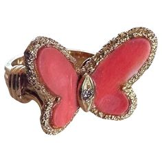 A beautiful Vintage 18k Yellow gold Coral Motif Butterfly Ring by Van Cleef & Arpels. The ring is set with a centre butterfly motif of Coral inlay that is further complemented by a beaded outer edge. The Butterfly measures 16mm in height and 22mm in width and sits on a band that tapers from 3mm wide to 2mm. The ring is a size 5 and has a gross weight of 7.2 grams. Comes complete with a Van Cleef & Arpels presentation box Makers Hallmarks VCA Numbered and 18K Coral Butterfly, Van Cleef And Arpels Jewelry, Butterfly Motif, Van Cleef & Arpels, Van Cleef And Arpels, Gold For Sale, Butterfly Ring, Van Cleef Arpels, Van Cleef