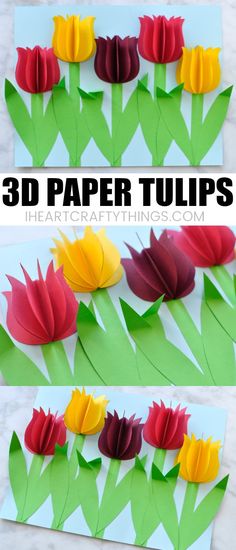 3d paper tulips are cut out and placed on top of each other with green leaves