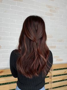 Balayage Hair Mahogany, Maroon And Brunette Hair, Dark Hair With Auburn Undertones, Hair Color Dimension Brunettes, Auburn Babylights Dark Hair, Brown Hair Mahogany Highlights, Mahogany Brown Hair Balayage, Brown Hair Ideas For Fall Brunettes, Brown Red Hair Color Balayage