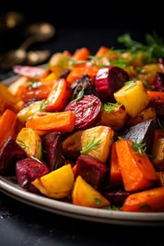 a plate full of roasted beets, carrots and potatoes with herbs on top