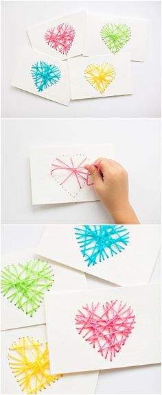 four pictures showing how to make hand prints with colored crayons on white paper