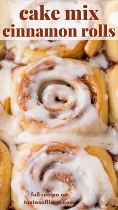 cinnamon rolls with icing on top and the words cake mix cinnamon rolls above them