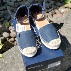 Nautical Nautica Ladies Twine Blue Strap Sandals Sz:8.5 Never Worn Still New With Tags. Comes In Orig Box. Casual Blue Sandals With Woven Sole, Navy Flat Sandals For Summer, Navy Sandals For Beach And Spring Season, Navy Sandals For Beach In Spring, Navy Synthetic Casual Sandals, Casual Navy Sandals With Cushioned Footbed, Navy Casual Synthetic Sandals, Casual Navy Synthetic Sandals, Navy Casual Espadrilles For Summer