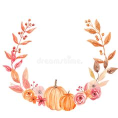 watercolor wreath with pumpkins and flowers on white background royalty illustration for design, wallpaper or greeting cards