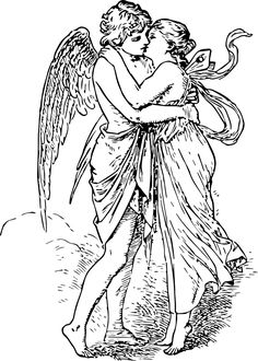 an angel and a demon hugging each other with their arms around one another, vintage line drawing or engraving illustration