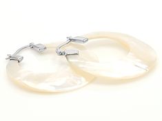 White South Sea Mother-of-Pearl Rhodium Over Sterling Silver Hoop Earrings. Measure approximately 1 11/16" L x 1 1/2" W and have saddleback backings. Colors, shapes, and sizes may vary. White Nickel Free Hoop Earrings, White Oval Hoop Earrings For Weddings, White Polished Finish Hoop Earrings For Anniversary, White Polished Hoop Earrings For Anniversary, White Hoop Earrings With Polished Finish For Anniversary, White Hoop Jewelry For Formal Occasions, White Round Hoop Earrings For Formal Occasions, White Hoop Earrings For Anniversary, White Round Hoop Earrings