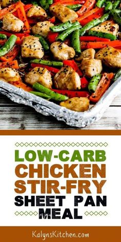 chicken and vegetable sheet pan meal with text overlay