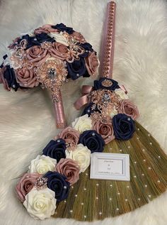 the bridal bouquet and matching hair comb are on display