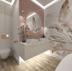 the bathroom is decorated in pink and white with tropical leaves on the wall behind the sinks