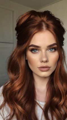 Red And Copper Hair Color, Copper Red Head Hair, Copper Winter Hair, Round Face Red Hair, Level 6 Copper Brown Hair, Dark Auburn Hair Color With Money Piece, Best Red Hair Color For Fair Skin, Auburn Hait, Dark Copper Hair With Bangs