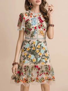 Beige flowers embroidered mini dress - Wapas Elegant A-line Mini Dress With Floral Embroidery, Feminine Floral Embroidered Dress For Garden Party, Elegant Spring Dresses With Floral Applique, Elegant Floral Applique Spring Dress, Spring Evening Embroidered A-line Dress, Elegant Summer Dress With Floral Applique, Spring A-line Embroidered Party Dress, Summer Floral Applique Dress For Garden Party, Floral Applique Dress For Summer Garden Party