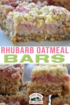 rhubarb oatmeal bars are stacked on top of each other