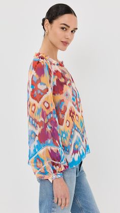 Figue Luz Top | Shopbop Long Sleeve Silk Blouse With Vibrant Print, Multicolor Print Long Sleeve Silk Blouse, Multicolor Print Silk Long Sleeve Blouse, Silk Long Sleeve Multicolor Print Blouse, Silk Long Sleeve Blouse In Multicolor Print, Silk Tops With Vibrant Print And Long Sleeves, Spring Multicolor Silk Blouse, Multicolor Print Silk Blouse For Spring, Spring Ikat Print Long Sleeve Tops