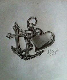 a drawing of an anchor with a heart on it and a keychain attached to it