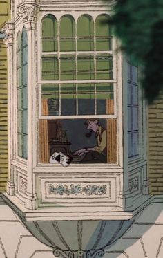 an animated image of a dog looking out the window