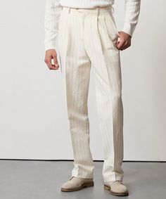 Italian Linen Wythe Trouser in White Pinstripe White Bottoms With Pressed Crease For Spring, Chic White Pants For Tailoring, White Pants With Pressed Crease For Spring, White Spring Pants With Pressed Crease, Tailored White Pants With Straight Hem, Tailored White Bottoms With Straight Hem, White Tailored Bottoms With Straight Hem, Elegant White Bottoms With Accordion Pleats, White Business Casual Pants With Pressed Crease