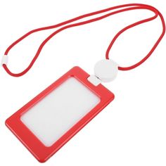 a red lanyard with a white tag attached to it