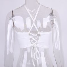 FREE SHIPPING White Lace Up Halter Sexy Crop Tops JKP1832 White Club Top With Built-in Bra, White Backless Crop Top With Built-in Bra, White Backless Crop Top For Club, Fitted Strappy Sports Bra With Crisscross Straps, White Backless Halter Top With Straps, Fitted Strappy Back Crop Top, Fitted Crop Top With Bra Friendly Strappy Back, White Top With Built-in Bra For Club, Fitted Sports Bra With Crisscross Straps