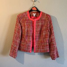 Classic Tweed Jacket With A Gorgeous Pink Ribbon Trim. Brand New, Perfect Condition. Size 1= Medium/8 Armpit To Armpit: 20” (Measured Flat) Length: 22” Winter Pink Tweed Blazer, Pink Fitted Tweed Jacket For Spring, Spring Pink Fitted Tweed Jacket, Pink Tweed Jacket For Fall, Pink Tweed Jacket For Winter Workwear, Pink Tailored Tweed Jacket For Fall, Pink Fitted Tweed Jacket For Work, Spring Pink Tweed Outerwear, Fitted Pink Tweed Jacket For Work