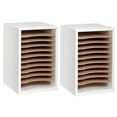 two white bookcases with wooden shelves on each side