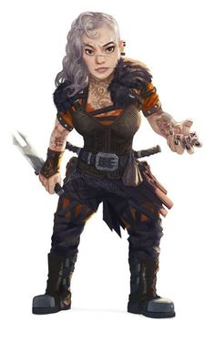 a woman with grey hair and tattoos holding two knives