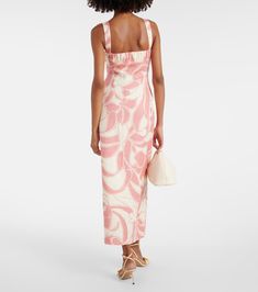 Belletto printed linen midi dress in pink - SIR | Mytheresa Chic Linen Floral Print Dress, Fitted Linen Midi Dress With Floral Print, Fitted Floral Print Linen Midi Dress, Floral Print Linen Midi Dress, Summer Linen Midi Dress With Floral Print, Brunch Floral Print Linen Midi Dress, Feminine Linen Midi Dress For Vacation, Beach Linen Dress With Floral Print, Floral Print Linen Dress For Day Out