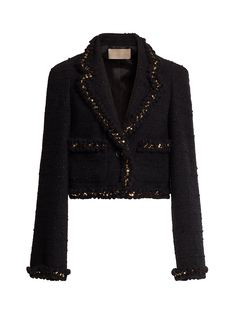 Elie Saab's Sequin Trimmed Tweed Jacket is a short blazer silhouette, featuring gold sequin embellishments along the hems, notched lapels, and front pockets. Embellished Blazer, Transitional Dressing, Short Blazer, Black Fr, Dress Home, Blazer And Shorts, Embroidered Jacket, Gold Sequin, Black Blazer