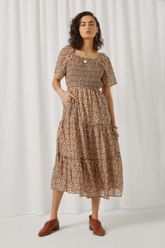 Modest Square Neck Dress, Smocked Midi Dress, Christian Girl Outfits, Wedding Guest Midi Dresses, Photoshoot Style, Style Moodboard, Midi Dress Fall, Pleated Skirt Dress, Puff Sleeve Midi Dress