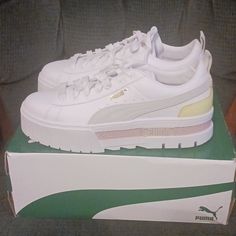 Hi, Here We Have A Pair Of New In Box Never Worn Size 10 Puma Mayze Lth Multicolor Sneakers Colors Are White Shoe With Yellow Green Back And White Tan Puma Mark And Pink Strip On Bottom. Have Great Day Thanks For Looking White Puma Sneakers With Synthetic Material, White Synthetic Puma Sneakers, White Puma Sneakers For Spring, Casual White Sneakers With Puma Logo, White Lace-up Puma Sneakers, Multicolor Sneakers, Womens Puma, White Shoe, Pumas Shoes