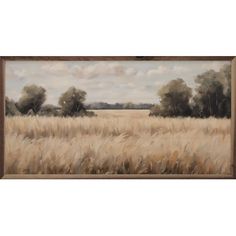 an oil painting of a field with trees in the background