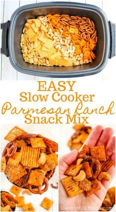 easy slow cooker parmesan ranch snack mix in a casserole dish