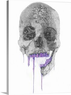 a black and white drawing of a skull with purple drips on it's face