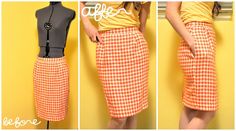 a woman standing next to a mannequin wearing an orange and white checkered skirt